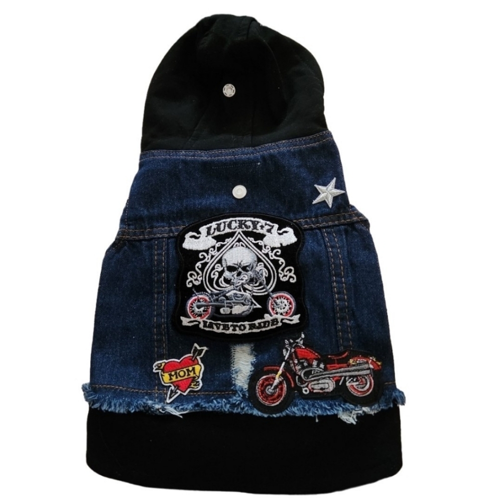 Heads or Tails Pup Blue Jean Biker Hoodie Vest Size Large NWT $68